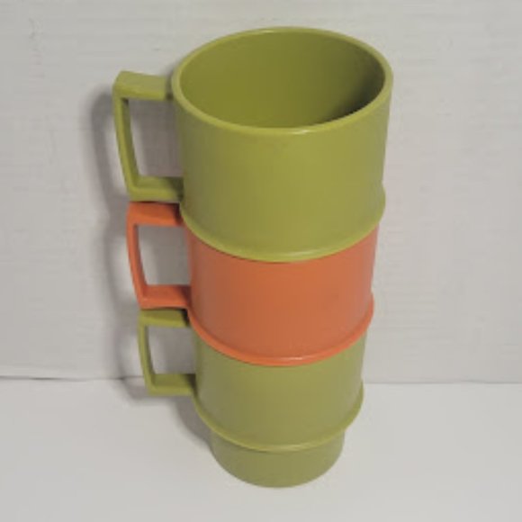 SET OF 3 VINTAGE TUPPERWARE STACKABLE CUPS GREEN/ORANGE - Picture 4 of 5